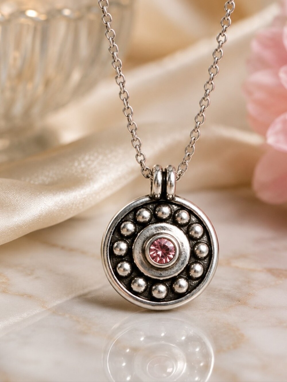 Brighton Pebble Dot Medali Petite Reversible Necklace Pink Crystal